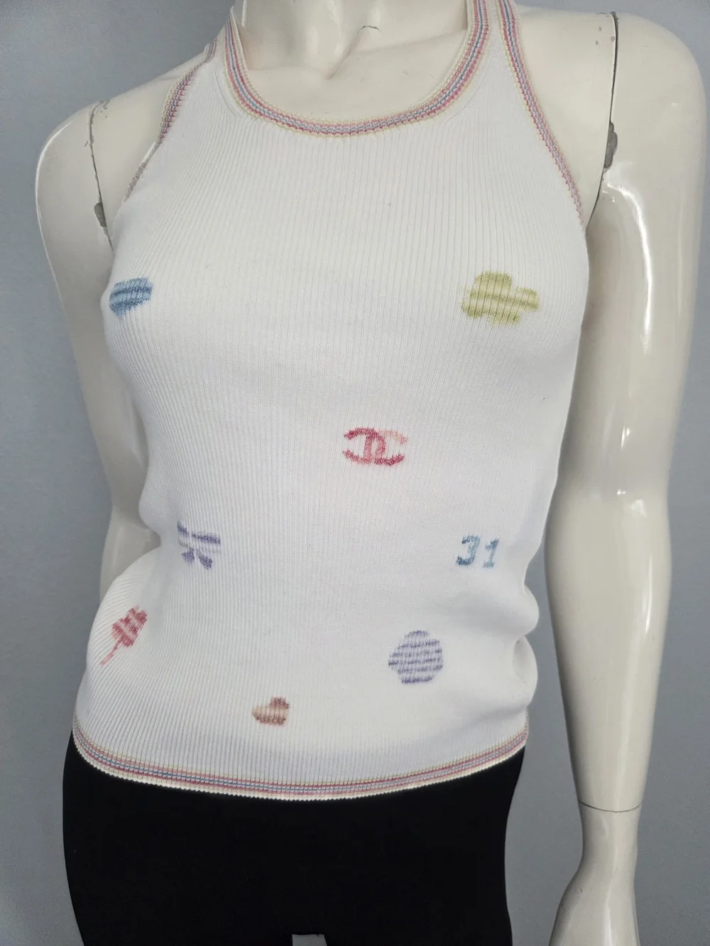 Chanel White Ribbed Logo Tank Top — Multicolor Motif